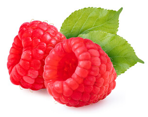 Red Raspberry with leaves isolated on white background, Fresh Raspberries on White Background (With clipping path)