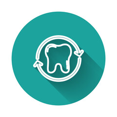 White line Tooth whitening concept icon isolated with long shadow. Tooth symbol for dentistry clinic or dentist medical center. Green circle button. Vector