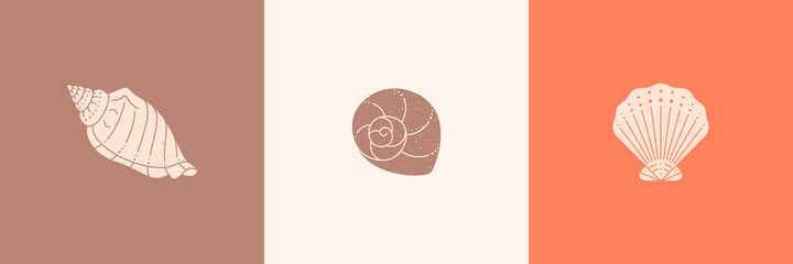 Set of Seashells Outline Icons in a Trendy Minimal Style. Vector Illustration of a Conch, Snail, Scallop and Oyster