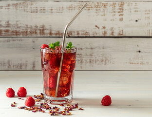 Cold sparkling hibiscus or karkade ice tea with lemon, mint, and raspberry in glass on a wooden...