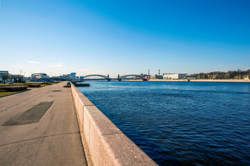 Sverdlovskaya embankment overlooking the Bolsheokhtinsky bridge. St. Petersburg. Russia