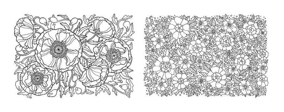 Flowers pattern. Vector zentangle, zen art. Coloring book page for adult. Hand drawn artwork. Love, bohemian concept for wedding invitation, card, branding, boutique label. Black and white. Border 