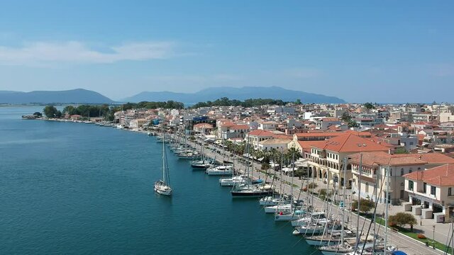 Aerial view over the seaside Preveza city port in Epirus, Greece
