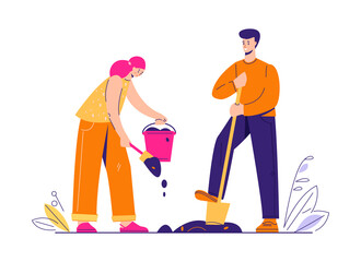 The family is gardening. A man digs the ground with a shovel and a woman puts fertilizer into the soil. Vector illustration in flat cartoon style. Isolated on a white background.