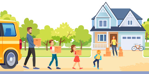 Happy family with cardboard boxes in a new house on moving day. Home sweet home. Welcome to the new home concept. Vector Cartoon illustration
