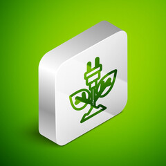 Isometric line Electric saving plug in leaf icon isolated on green background. Save energy electricity. Environmental protection. Bio energy. Silver square button. Vector