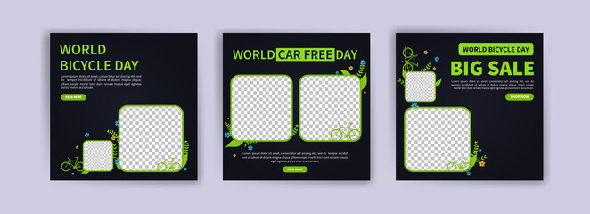 World Bicycle Day. Social media post for world bicycle day. Environmental conservation campaign. Discount sales banner.