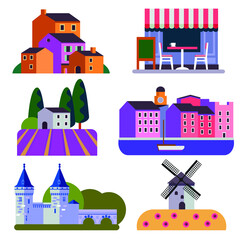 set of different French landscapes vector flat illustration. Buildings, architecture of Provence, lavender field, provencal town, windmill, seaside town, bistro