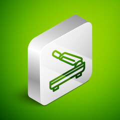 Isometric line Paper cutter icon isolated on green background. Silver square button. Vector