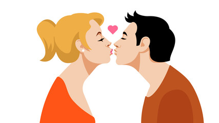 Kissing couple. Beautiful young people kissing each other with closed eyes. Young man and pretty woman expressing love, tenderness, affection. Vector illustration for cover, banner, post.