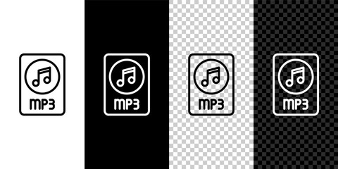 Set line MP3 file document. Download mp3 button icon isolated on black and white background. Mp3 music format sign. MP3 file symbol. Vector