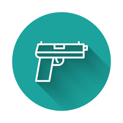 White line Pistol or gun icon isolated with long shadow. Police or military handgun. Small firearm. Green circle button. Vector