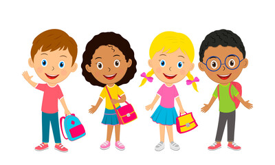 cute cartoon kids stand with bags