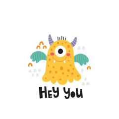 cute vector yellow monster and lettering text