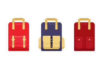 Set of stylish, modern colorful backpacks with patch pockets, isolated on  white background. Red, blue, trendy, hipster backpack with. Flat cartoon style. Vector illustration for advertising, banners