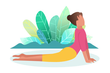 The woman is engaged in yoga. Healthy lifestyle concept. Rest, treatment, prevention. All-season training at home and outdoors. Cartoon lifestyle. Vector.