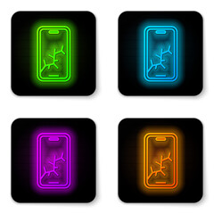 Glowing neon line Smartphone with broken screen icon isolated on white background. Shattered phone screen icon. Black square button. Vector