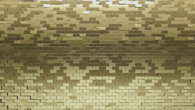 Glossy, 3D Mosaic Tiles arranged in the shape of a wall. Gold, Rectangle, Bullion stacked to create a Polished block background. 3D Render