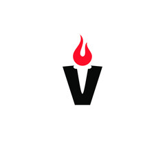 Initial Letter v Burning Torch Fire Flame with Pillar column logo design

