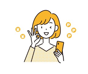 スマホで稼ぐ女性のイラストカット ポイ活 OKサイン
