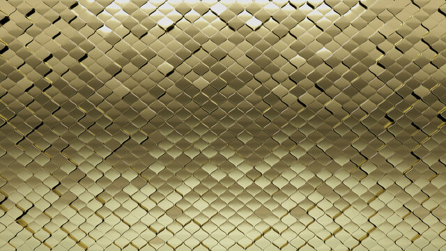 3D, Arabesque Mosaic Tiles arranged in the shape of a wall. Polished, Gold, Bullion stacked to create a Glossy block background. 3D Render