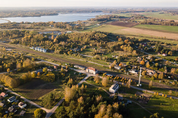 Aerial view of Skrunda town in autumn evening, Latvia.