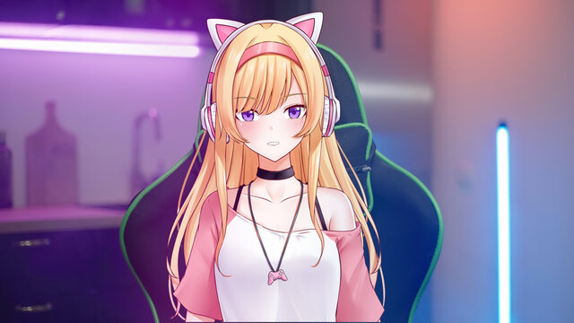 Cute Anime Girl Vtuber On Gaming Chair With Kitchen Neon Lights In Background