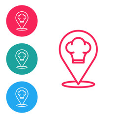 Red line Chef hat with location icon isolated on white background. Cooking symbol. Cooks hat. Set icons in circle buttons. Vector