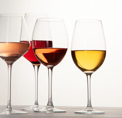 Red, rose and white wine in glasses