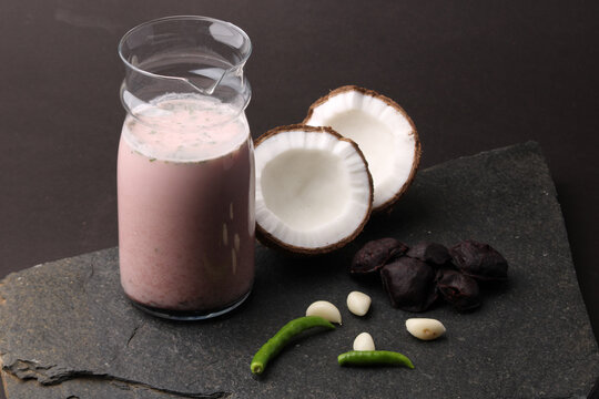 Solkadhi OR Kokum curry, A famous drink from Goa or Maharashtra`s Konkan region, served in a glass.