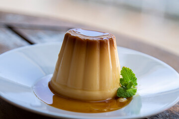delicious flan on the white plate