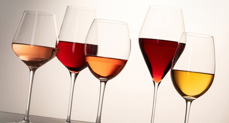 Red, rose and white wine in glasses
