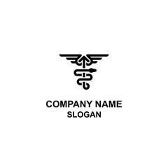 Caduceus medicine symbol, with a serpent wrapped around a pole with two wings.