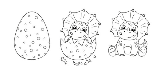 Dinosaur egg and cute little dinosaur for kid coloring book. Baby triceratops. Children puzzle game. Black and white cartoon isolated vector illustration on white background © Elena Pimukova