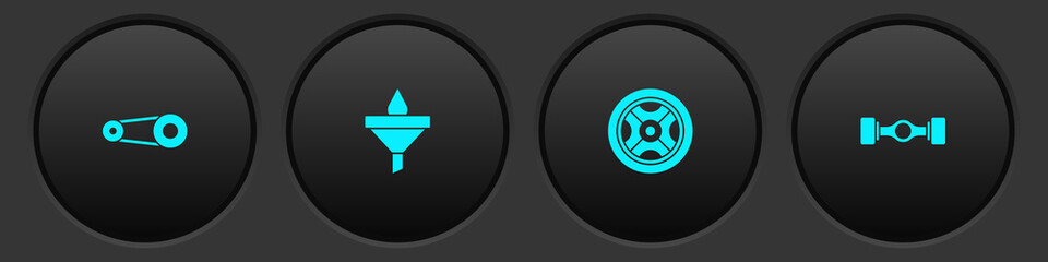 Set Timing belt kit, Funnel and oil drop, Car wheel and Chassis car icon. Vector