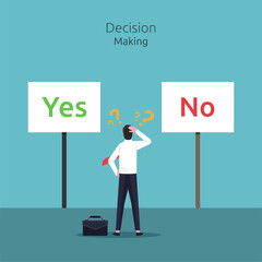 Decision making concept. Businessman confusing to make a decision between yes or no vector illustration.