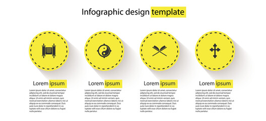 Set Decree, paper, parchment, scroll, Yin Yang, Holy book of Koran and Christian cross. Business infographic template. Vector