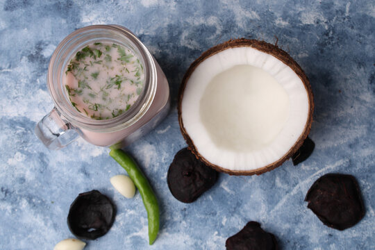 Solkadhi OR Kokum curry, A famous drink from Goa or Maharashtra`s Konkan region, served in a glass.