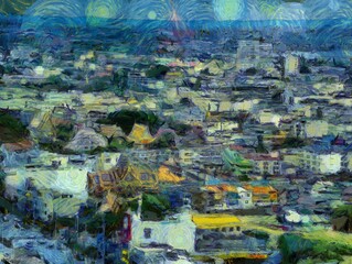 The landscape of the city Illustrations creates an impressionist style of painting.