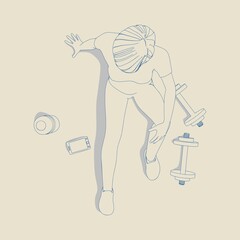 Sporty young woman sit on floor with dumbells. Outline illustration