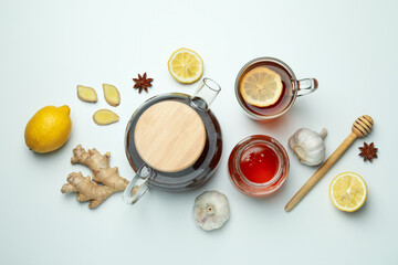 Concept of alternative cold treatment on white background, top view