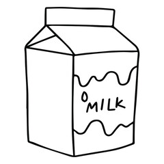 Milk box in doodle style. Milk in a short package with an inscription. Cute vector illustration.