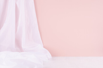 Abstract modern minimal scene or interior with soft light pastel pink wall, white silk curtain and...