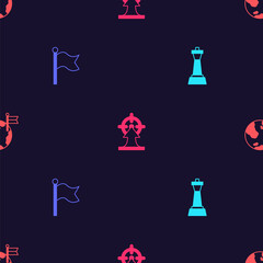 Set Chess, Flag, Target and Planet with flag on seamless pattern. Vector