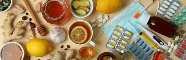 Concept of alternative cold treatment on beige background, top view