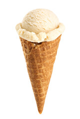 Vanilla ice cream scoops in cone isolated on white background.