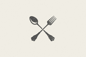 Crossed spoon and fork silhouette for food service hand drawn stamp effect vector illustration.