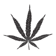 A hemp leaf with an aged textured surface. Isolated icon, logo on a white background. Black and white flat silhouette of cannabis leaf.