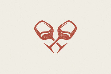 Crossed glasses with wine silhouettes hand drawn stamp effect vector illustration.