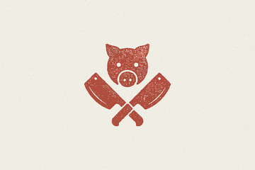 Pig head silhouette and crossed butcher knives for butchery industry hand drawn stamp effect vector illustration.